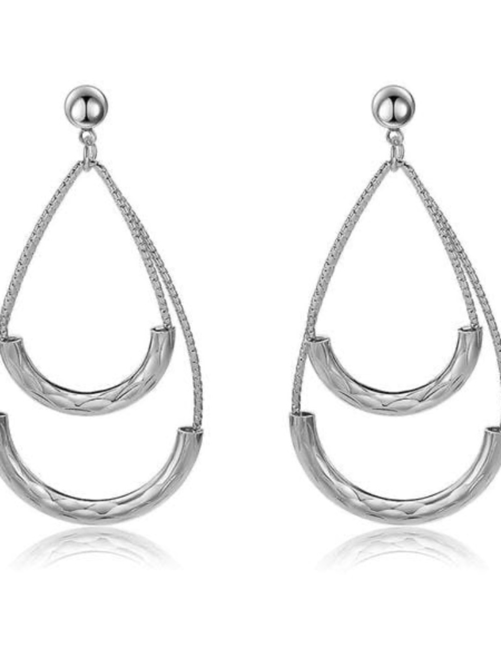 Womens Silver Double Teardrop Hoop‎ Earrings